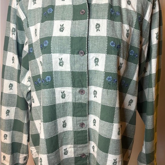 Fashion Bug Green and White Plaid Shirt with Blue Floral Accents - Picture 7 of 8